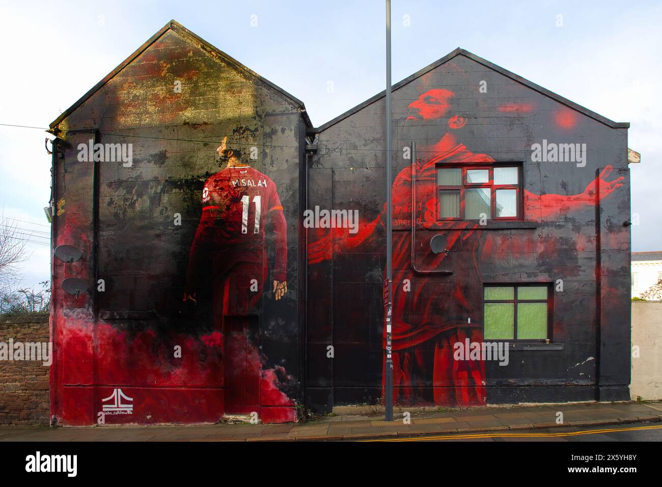 England, Liverpool - 29. Dezember 2023: Mohamed Salah Wandgemälde an der Anfield Road. Stockfoto