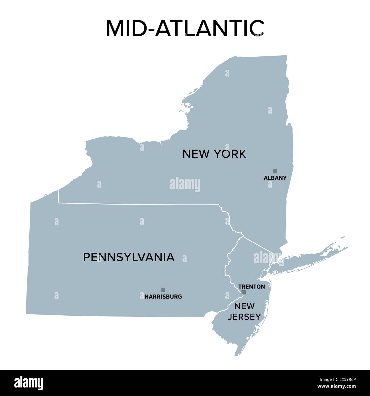 Mittelatlantische oder mittelatlantische staaten, graue politische Karte mit Hauptstädten. United States Census Division of the Northeast Region. Stockfoto