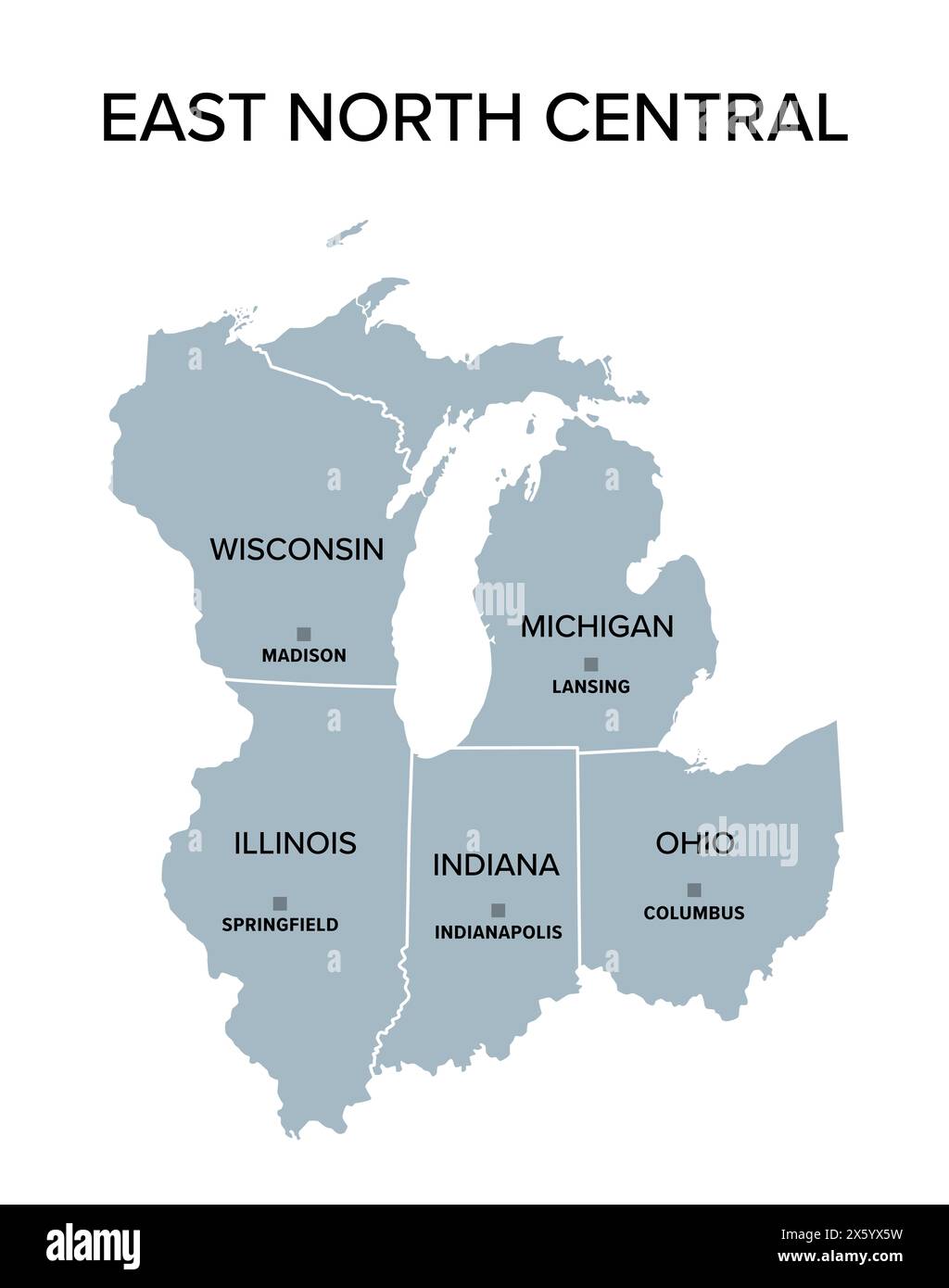 Ost-Nord-zentralstaaten, graue politische Karte mit Grenzen und Hauptstädten. United States Census Division der Region Mittlerer Westen. Stockfoto