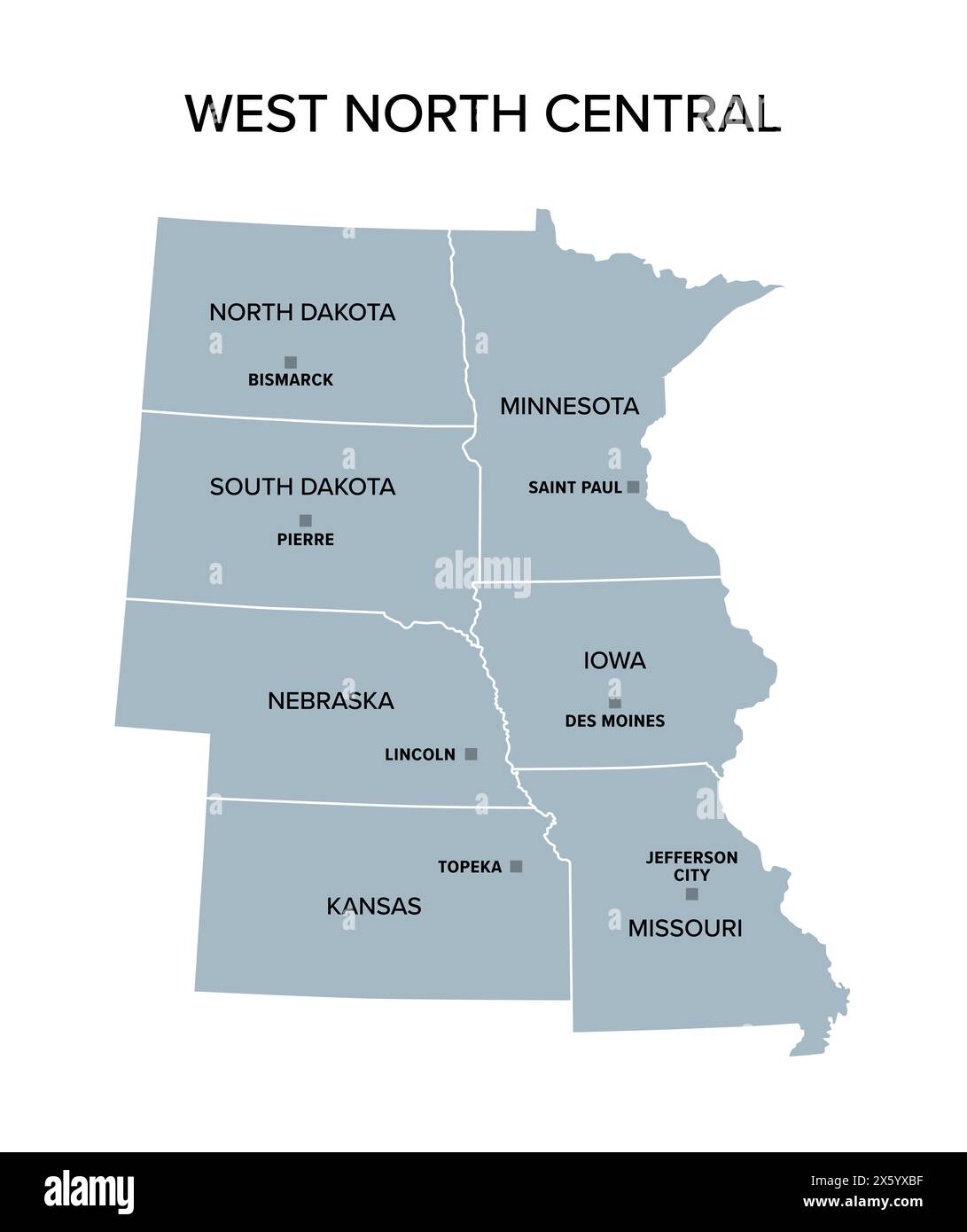 West North Central states, graue politische Karte. United States Census Division der Region Mittlerer Westen. Stockfoto