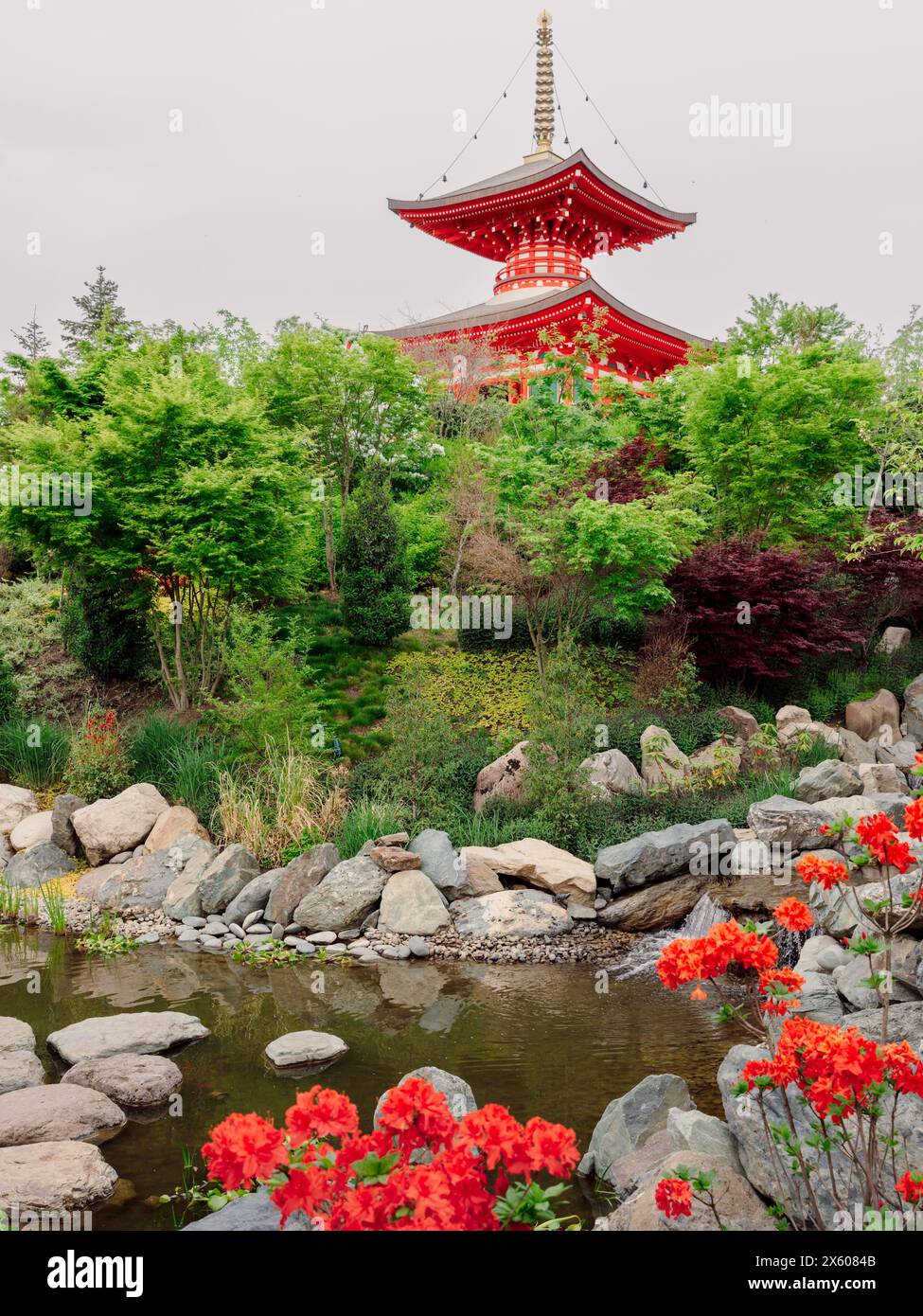 Japanischer Garten mit Teich und buddhistischem Tempel in Krasnodar Stockfoto