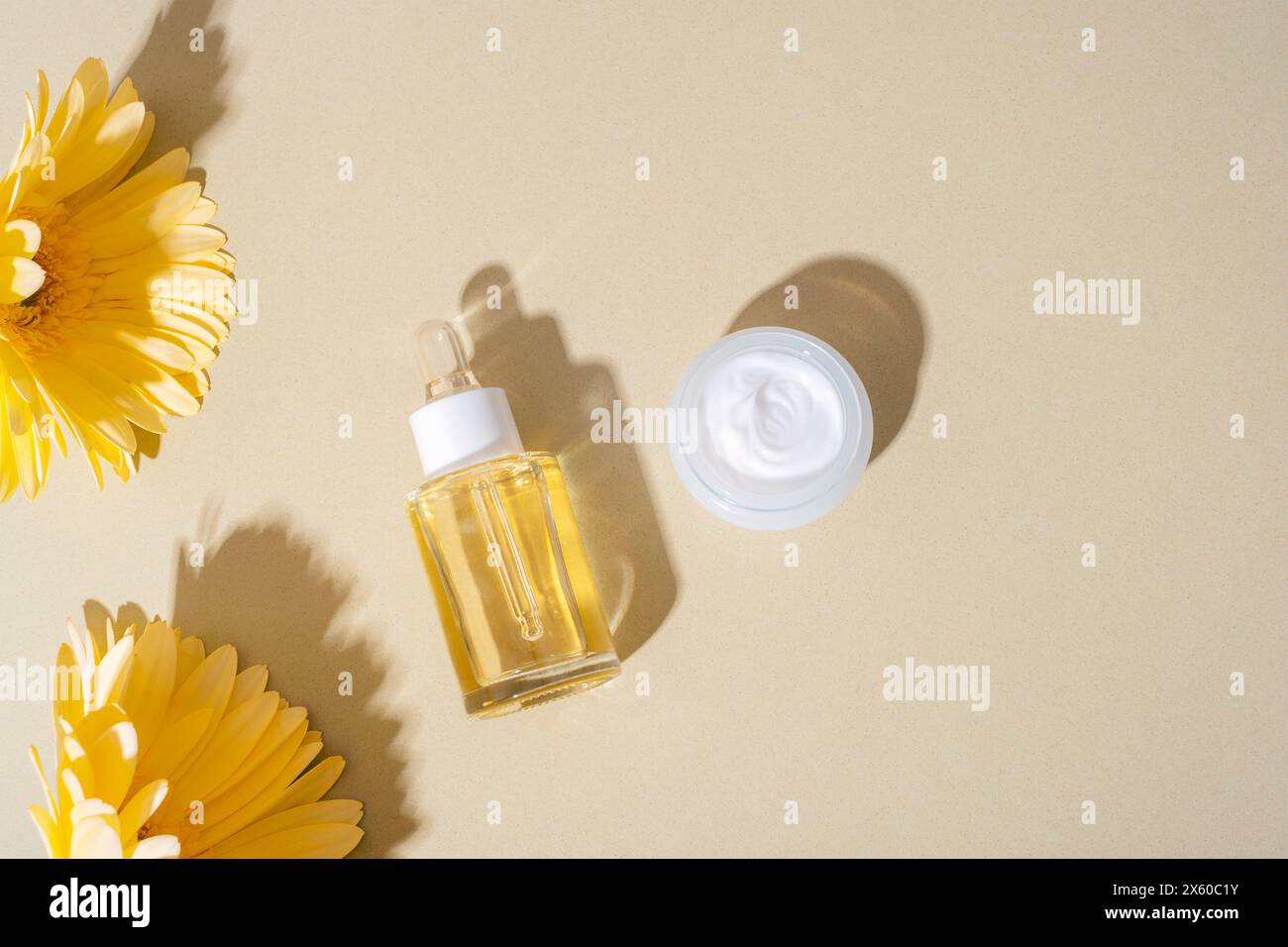 Kosmetisches Serum und Creme, gelbe Gerbera-Blüten auf neutralem Hintergrund im Sonnenlicht. Draufsicht, flach, Kopierbereich. Stockfoto