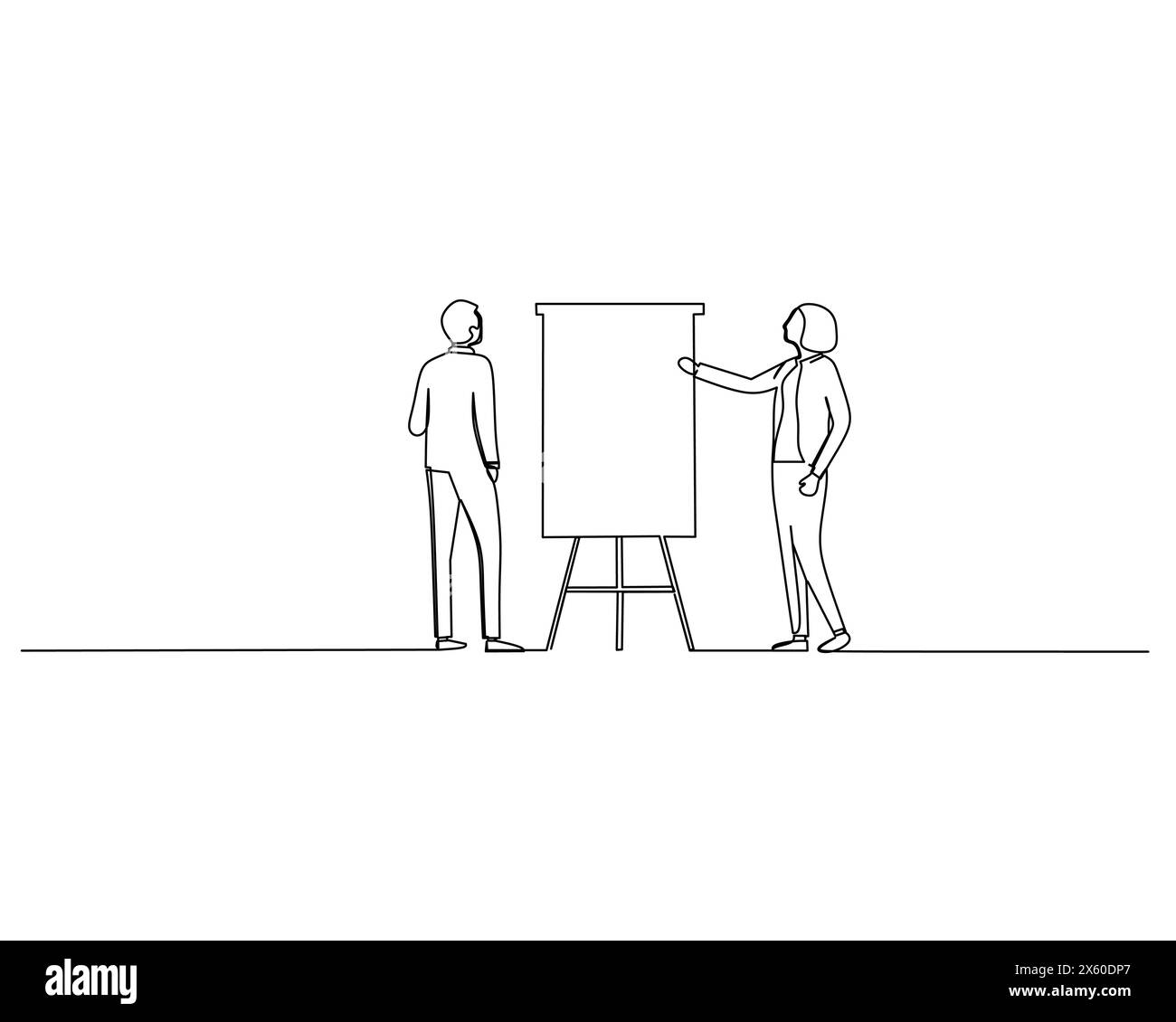 Eine durchgängige einzeilige Geschäftsfrau erklärt dem männlichen Mitarbeiter die Strategie auf Papier. Konzept und Illustration der Unternehmenswachstumsstrategie Stock Vektor