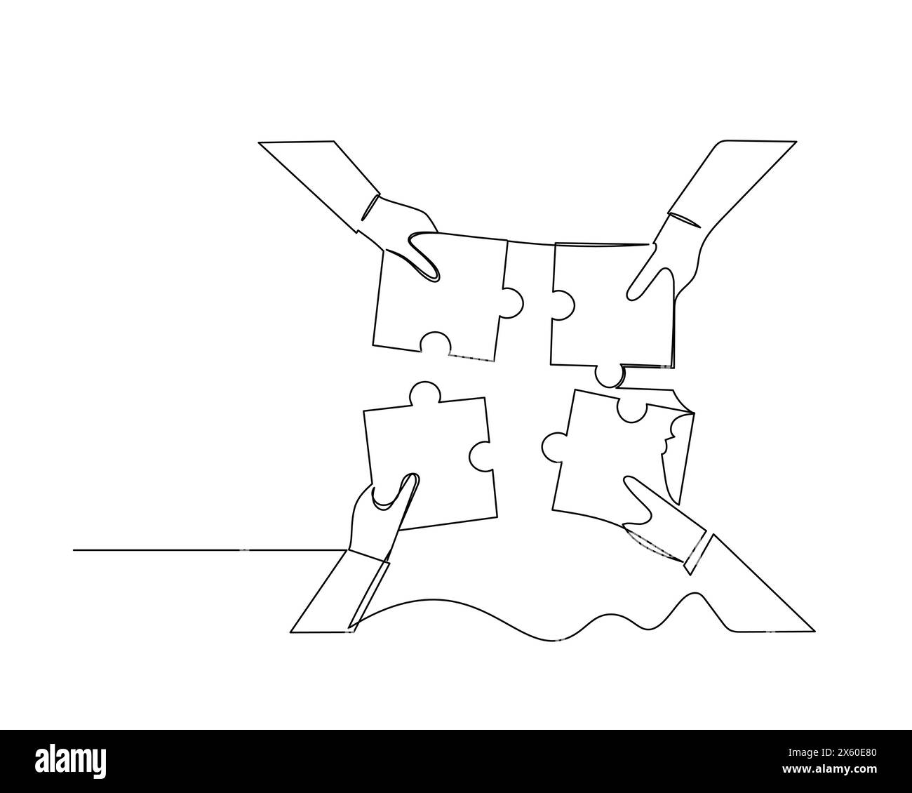 Fortlaufende Einzelzeichnung vier Hände bringen das Puzzle zusammen. Konzept der Unternehmenswachstumsstrategie. Illustration des Konstruktionsvektors Stock Vektor