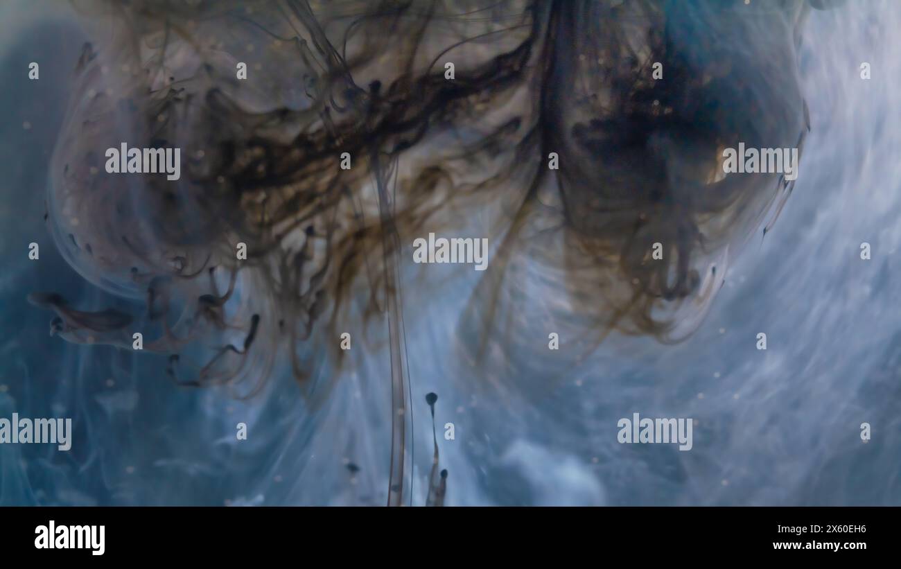 Ein faszinierender Tanz von Tintenranken, der sich durch azurblaues Wasser entfaltet und ein Gefühl von Tiefe und Intrige weckt. Stockfoto