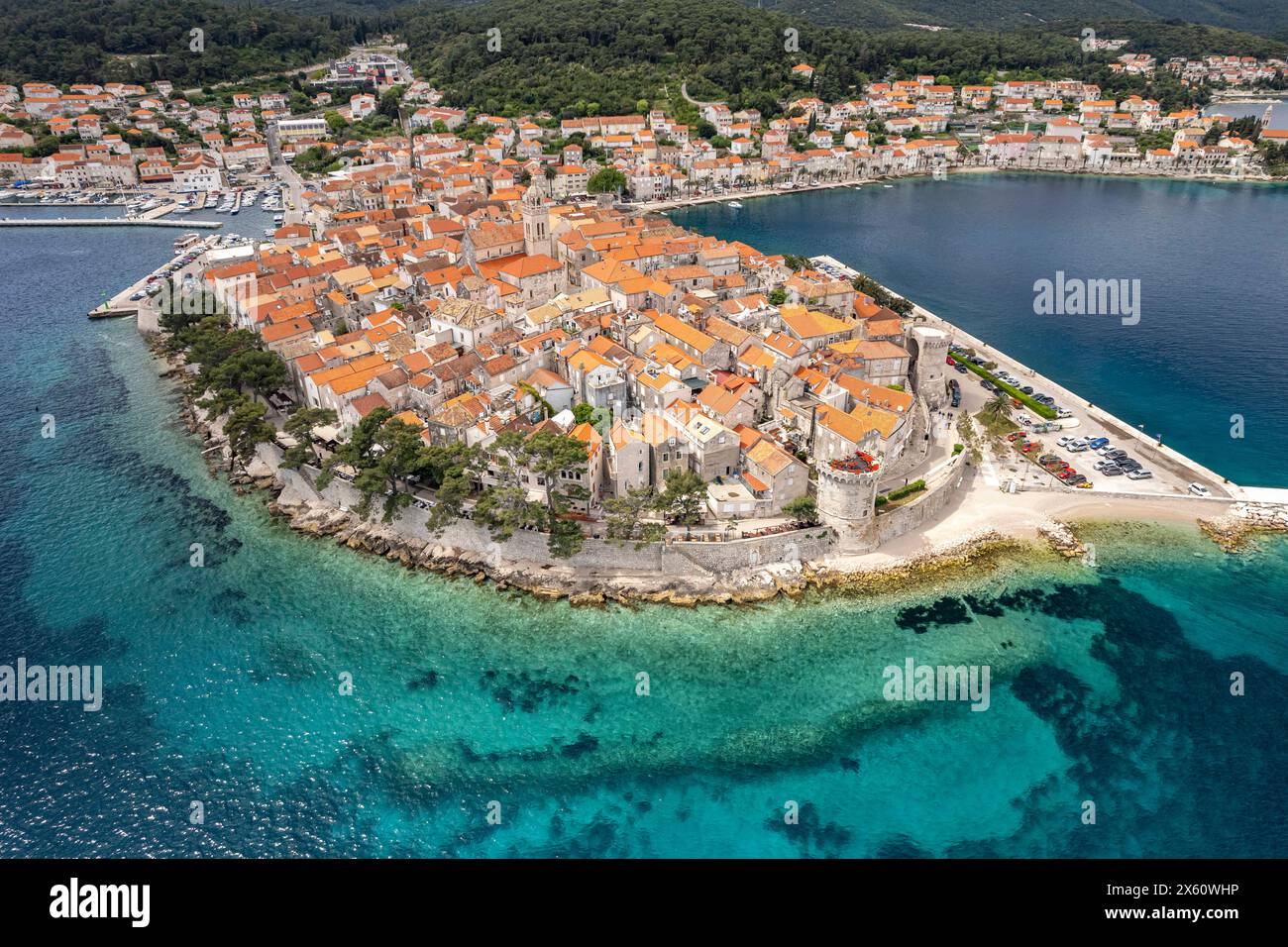 Luftbild Korcula Stadt die Altstadt von Korcula Stadt aus der Luft gesehen, Kroatien, Europa Altstadt Korcula Stadt von oben gesehen, Kroatien, Europa ** Stockfoto
