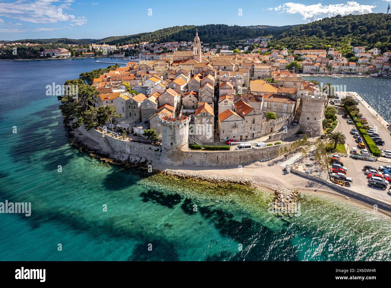 Luftbild Korcula Stadt die Altstadt von Korcula Stadt aus der Luft gesehen, Kroatien, Europa Altstadt Korcula Stadt von oben gesehen, Kroatien, Europa ** Stockfoto