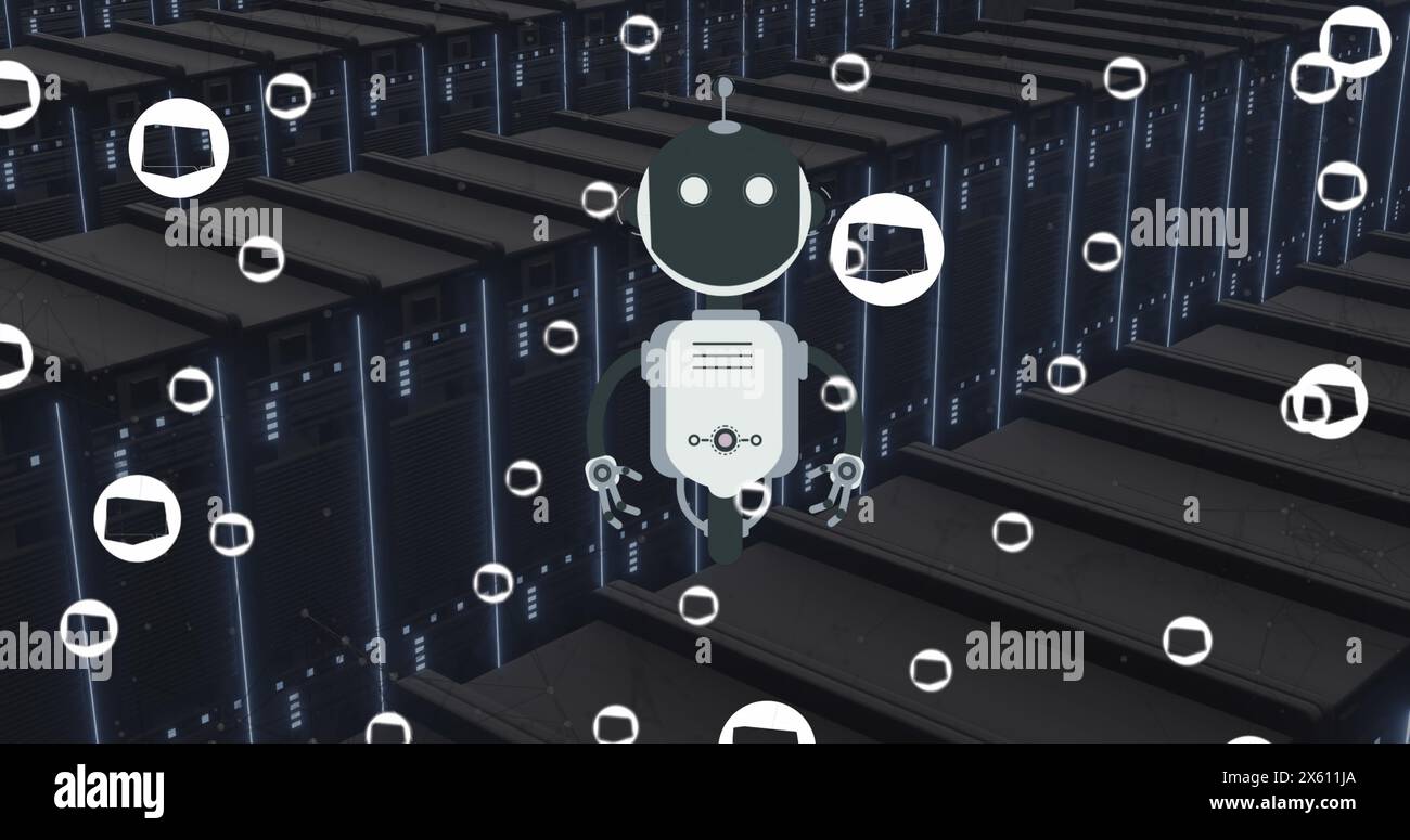 Bild des Ai-Chat-Bots und der Symbole über dem Hintergrund des Computerservers Stockfoto