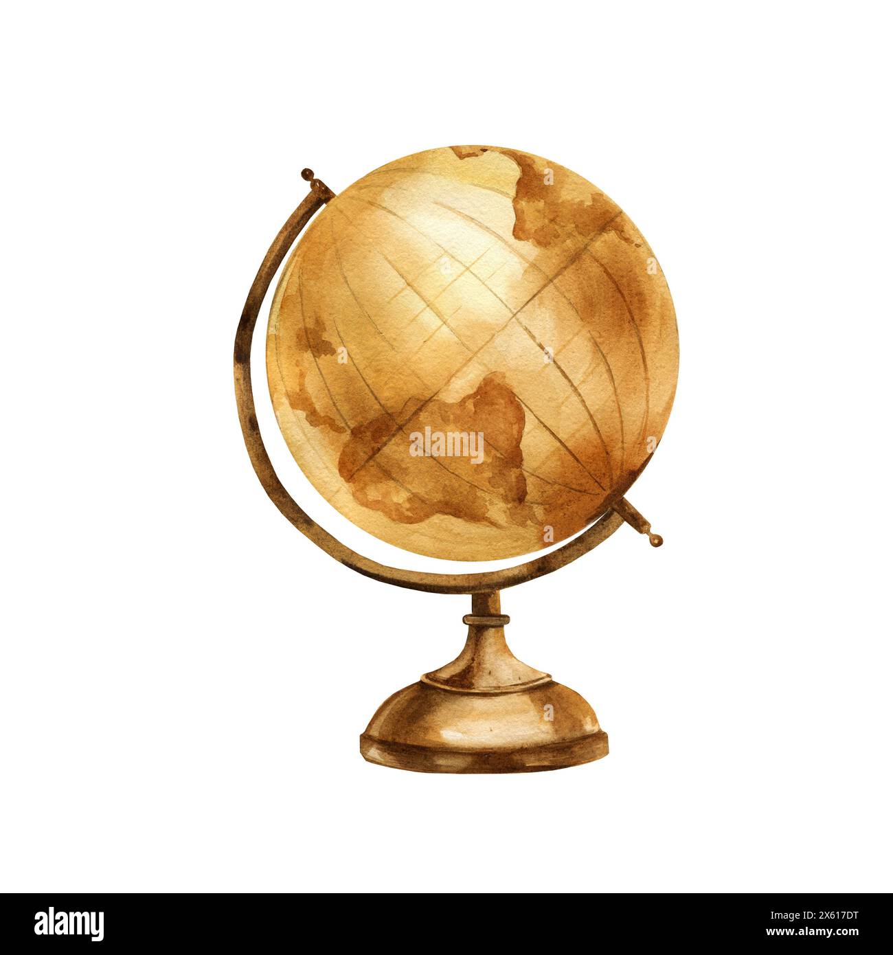 Vintage Globus, Aquarell alte Geschichte rund Globus, braune Kugel Grunge Geographie Globus der Erde, Studien- und Navigationsinstrument isoliert auf weißem Hintergrund Stockfoto