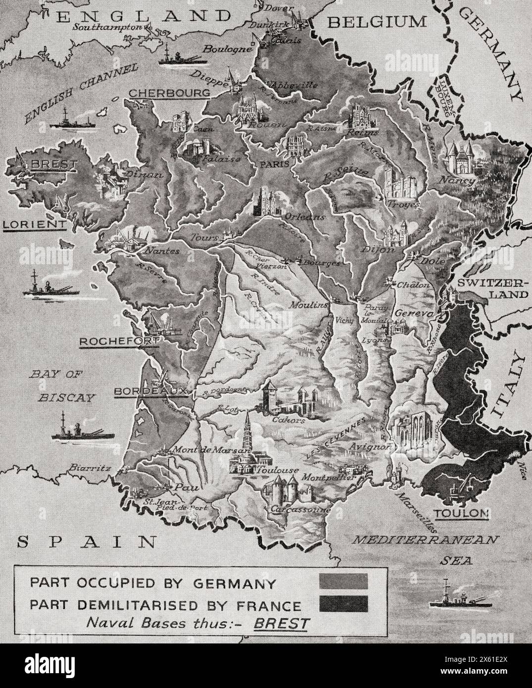 Karte mit der Besetzung und Entmilitarisierung Frankreichs durch Deutschland während des Zweiten Weltkriegs. Aus dem Krieg in Bildern, 1. Jahr. Stockfoto