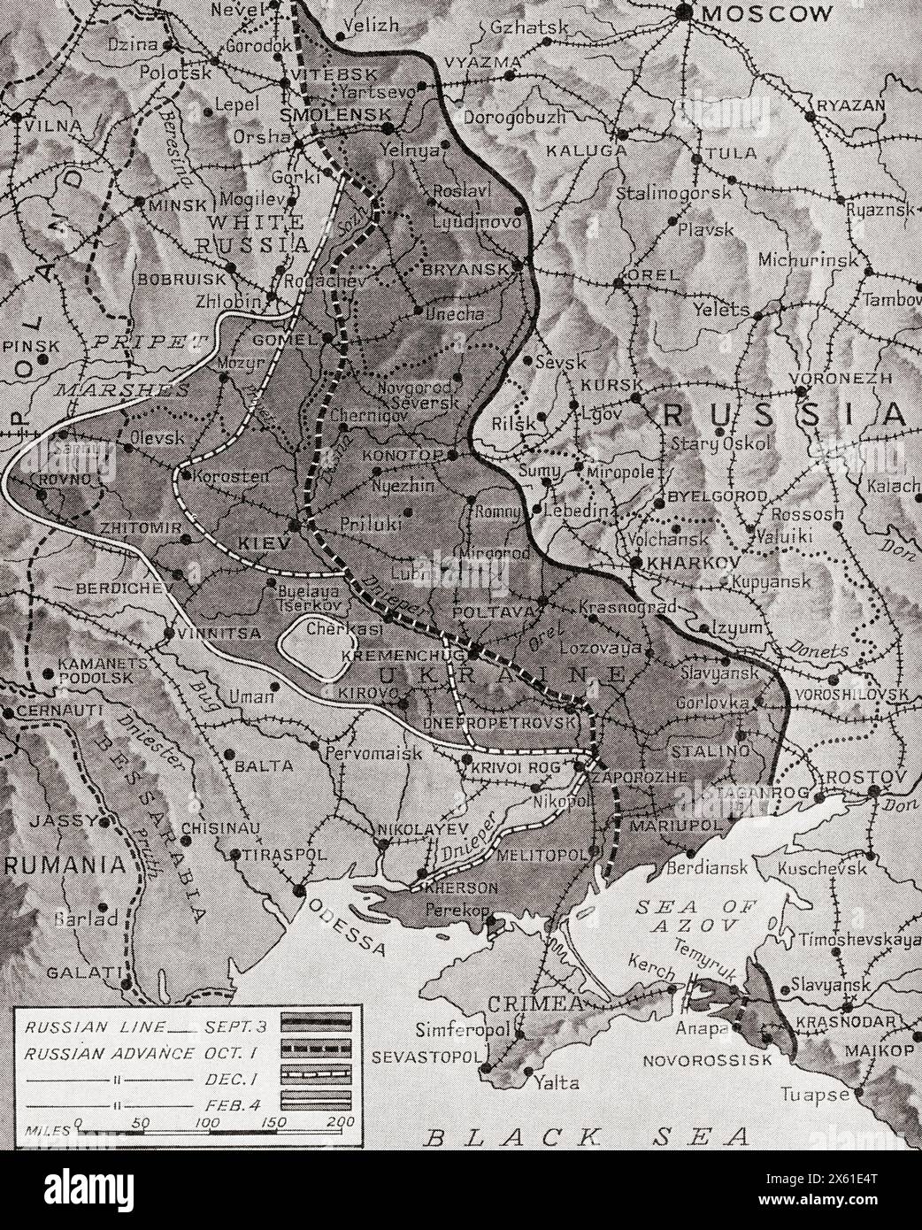Karte mit dem russischen Vormarsch im Oktober 1943 startete die Rote Armee eine Offensive einer 1.000 km langen Front von Vitebsk zur Halbinsel Taman, Russland, wobei sie auf dem Weg deutsche Brückenköpfe ausrottete. Aus dem Krieg in Bildern, fünftes Jahr. Stockfoto