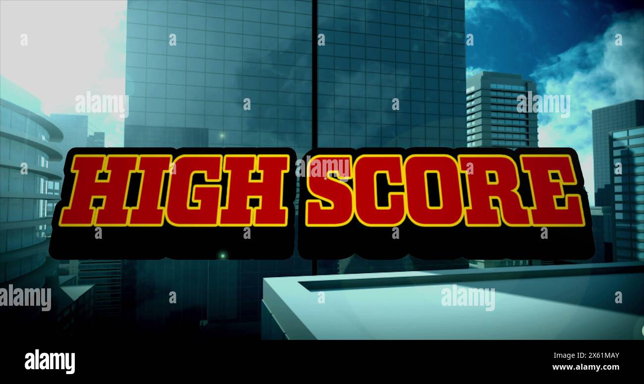 Bild mit rotem Text, Highscore, über Explosion und Stadtbild Stockfoto