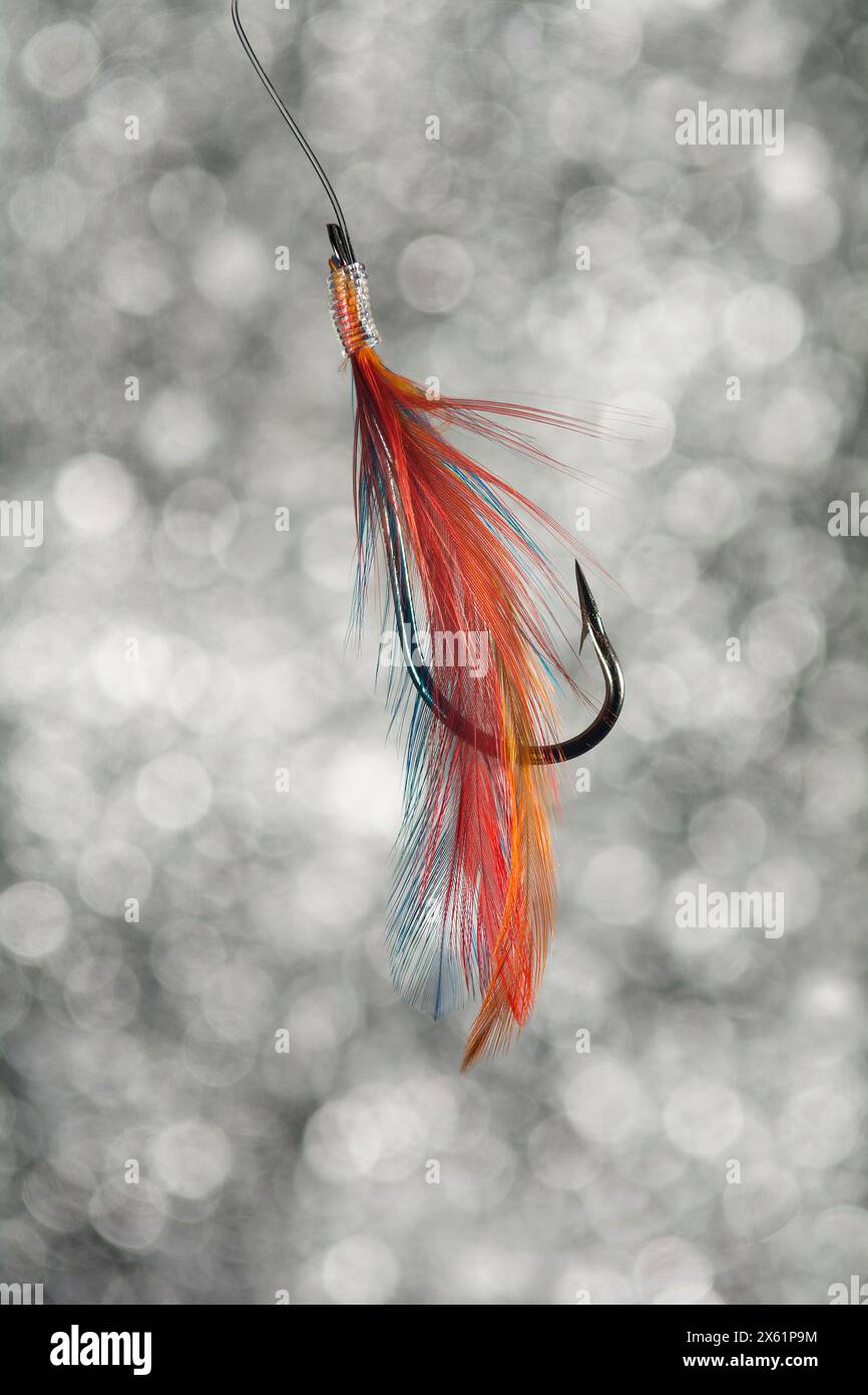 Angelhaken mit Federfliege Stockfoto