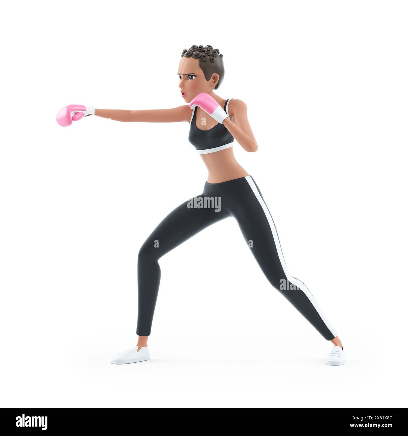 3D sportlicher Charakter Frau Boxtraining, Illustration isoliert auf weißem Hintergrund Stockfoto