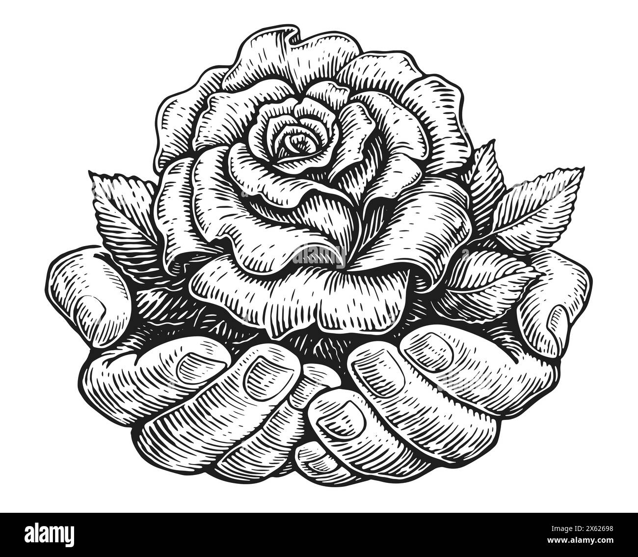 Person Hände mit Rose. Blume in der Hand. Clipart Skizzenzeichnungsvektor Stock Vektor