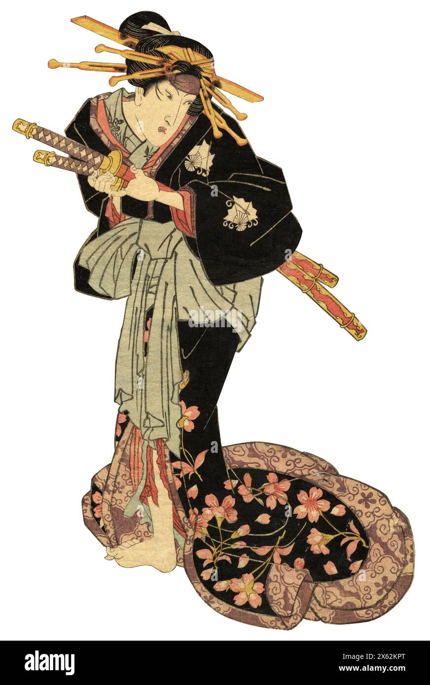 Vintage-japanischer Holzblock-Druck von Kunisada mit einer stehenden Frau, die Schwerter in einem Kimono auf weißem Hintergrund trägt, mit Schnittpfaden mit Schnittpfaden Stockfoto