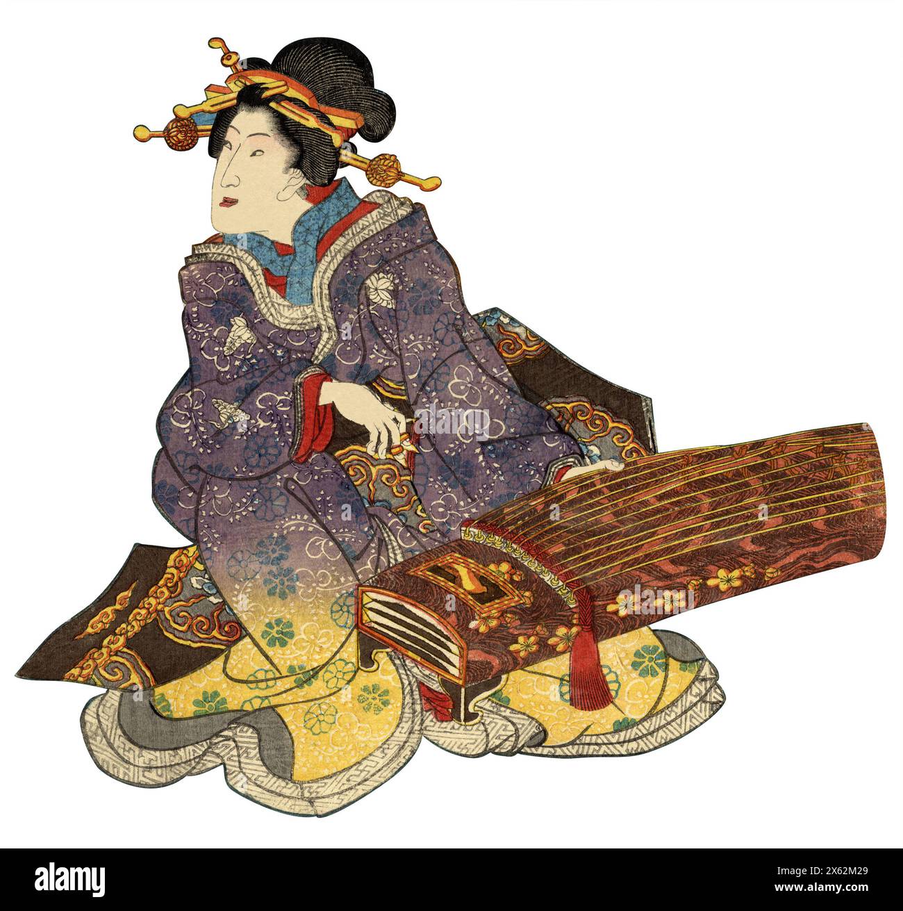 Japanischer Vintage-Holzschnitt einer Kurtisanistin aus der Edo-Zeit, die auf weißem Hintergrund mit Schnittpfaden einen besaiteten Koto spielt Stockfoto