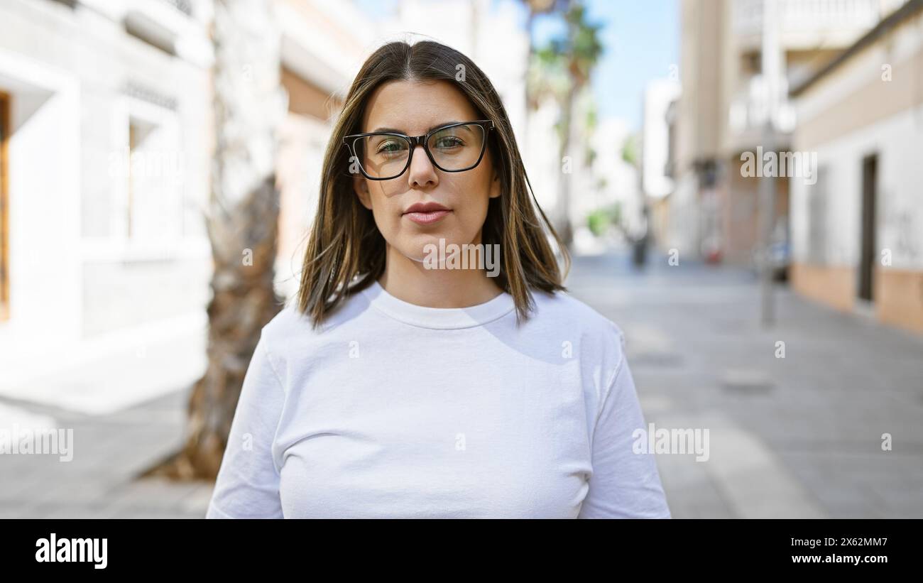 Attraktive junge hispanische Frau mit Brille, die auf einer sonnigen Straße posiert. Stockfoto