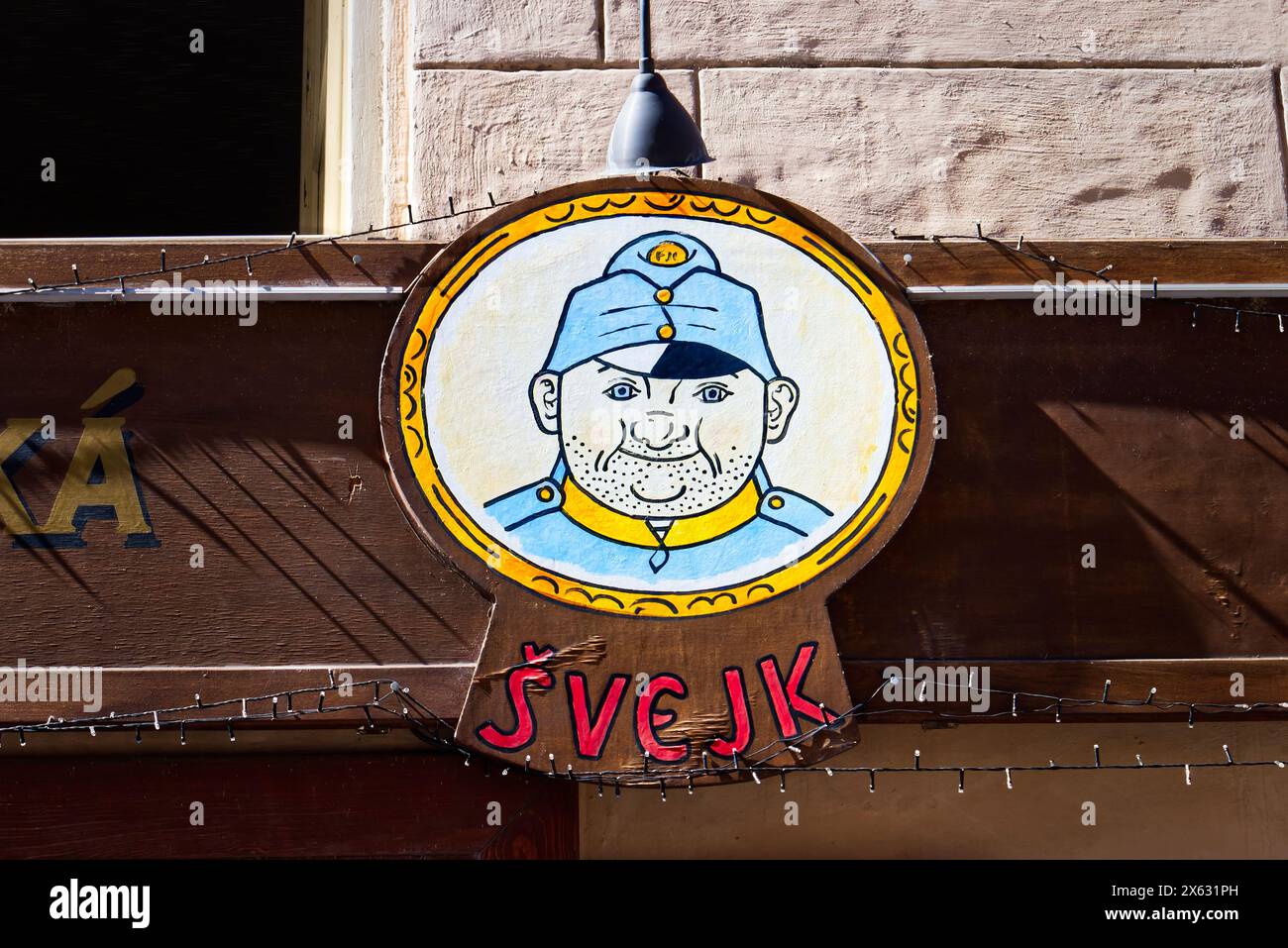 Das Schild des guten Soldaten Svejk in einem Restaurant in Prag, Tschechische Republik Stockfoto
