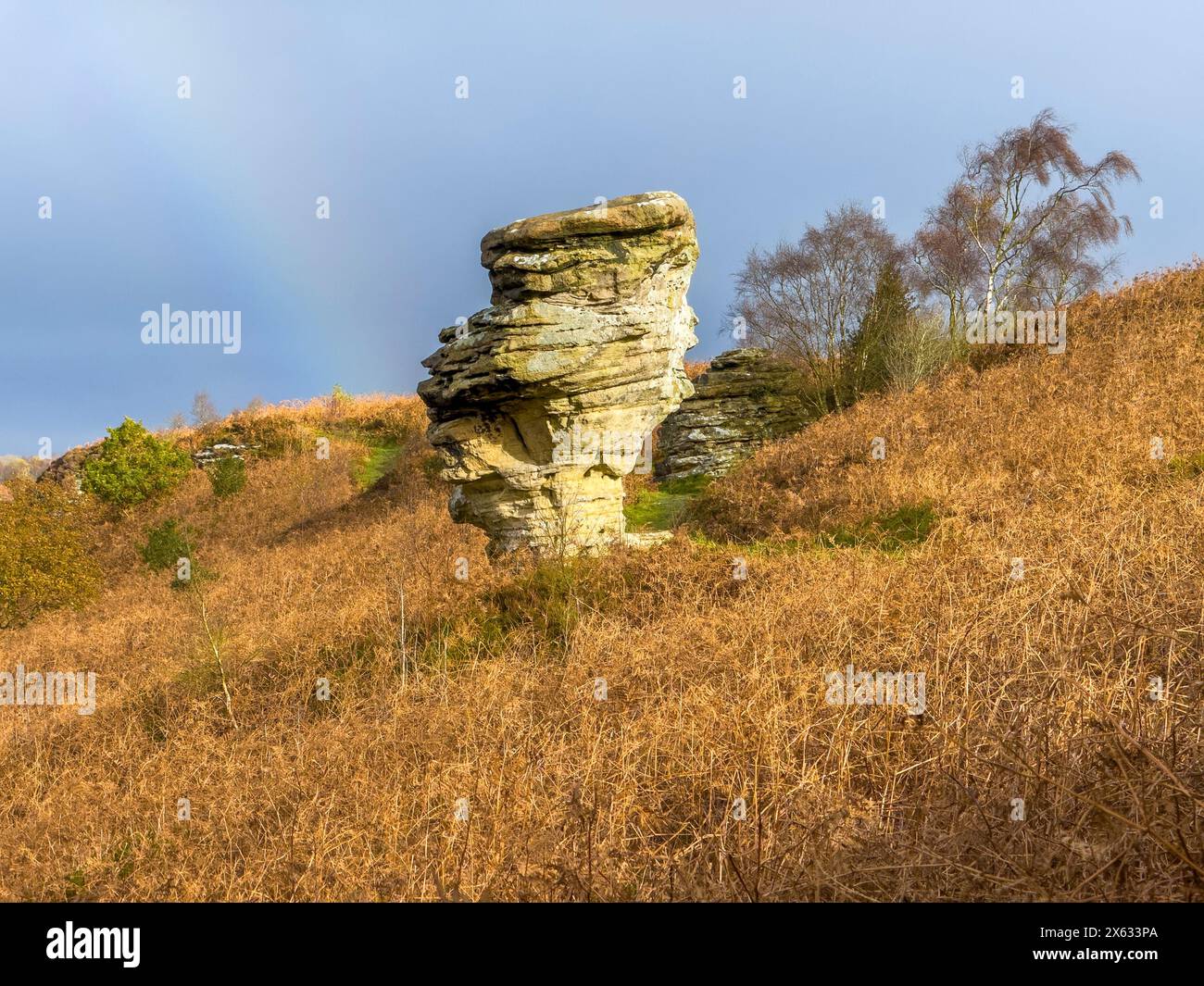 Bridestone im Dalby Forest mit einem Regenbogen in der Ferne. UK Stockfoto
