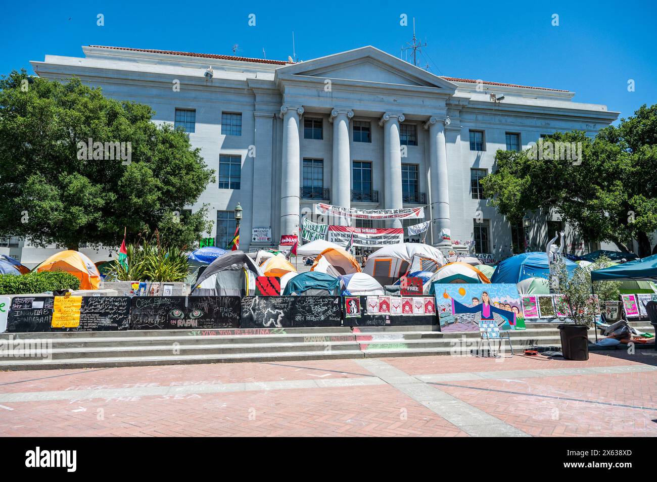 Berkeley, Usa. Mai 2024. Zelte, Plakate und Banner werden von Demonstranten vor der Universität Manchester während der Pro-Palästina-Kundgebung am Sproul Plaza aufgestellt. (Foto: Pat Mazzera/SOPA Images/SIPA USA) Credit: SIPA USA/Alamy Live News Stockfoto