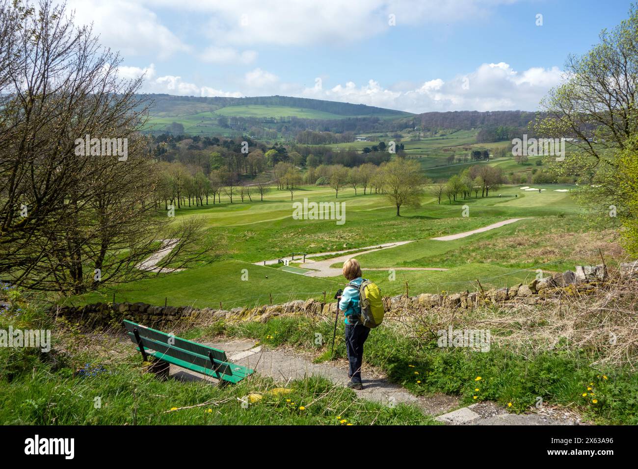 Frau, die im English Peak District unterwegs ist, um den Cavendish Golf Club Course in Buxton Derbyshire zu überqueren Stockfoto