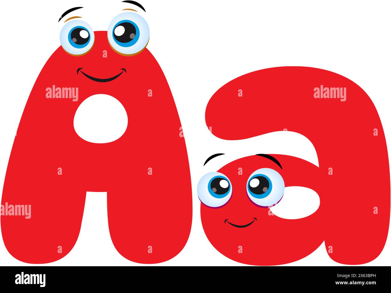 Der Buchstabe A. Symbol aus dem Kinderalphabet isoliert auf weißem Hintergrund. Lustiger Kinderbrief mit Augen. Vektorabbildung. Farbenfrohes Zeichentrickschreiben. Stock Vektor