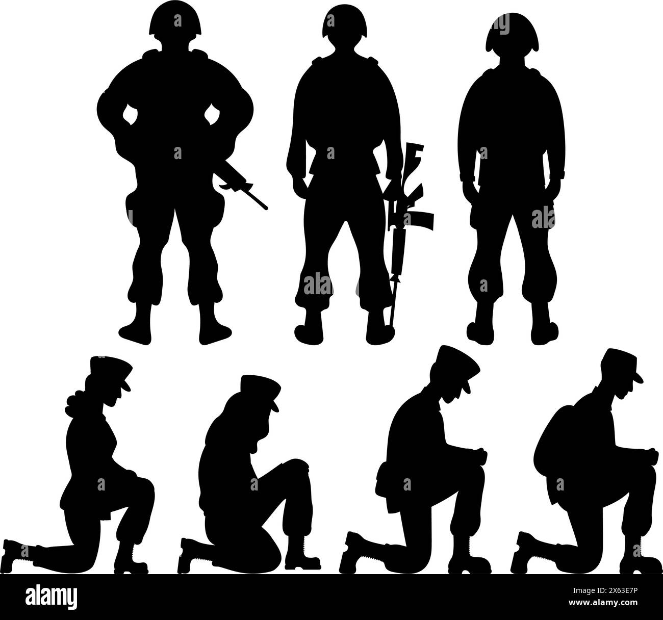 Militärangehörige Sammlung. Soldaten stehen mit Waffen auf dem Rücken und Krieger stehen auf einem Knie. Isolierte schwarze Zeichnungen Silho Stock Vektor