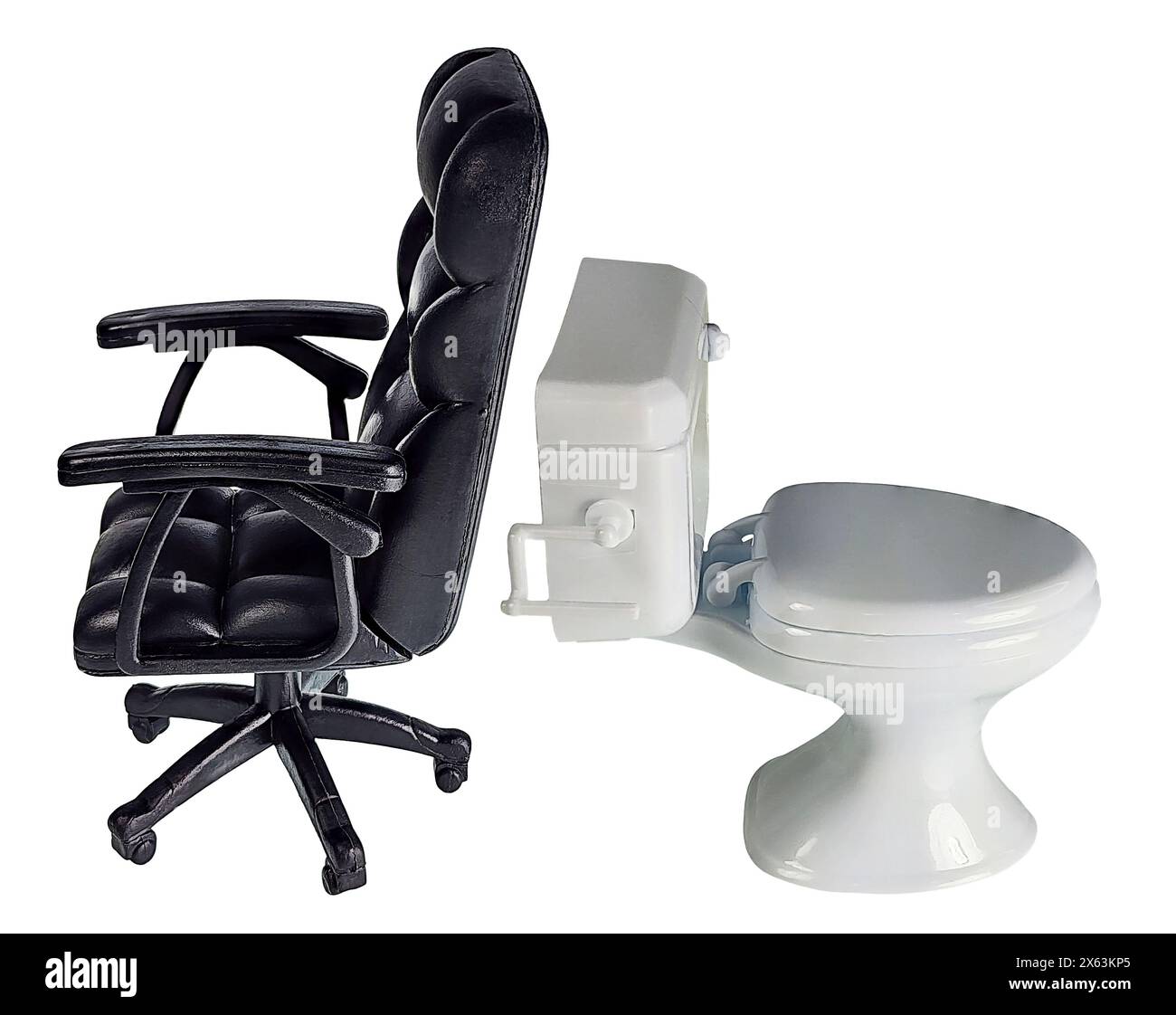 Bürostuhl mit Armlehnen zum Sitzen und Seitenansicht der Toilette, um Krankheitsbilder am Arbeitsplatz anzuzeigen Stockfoto