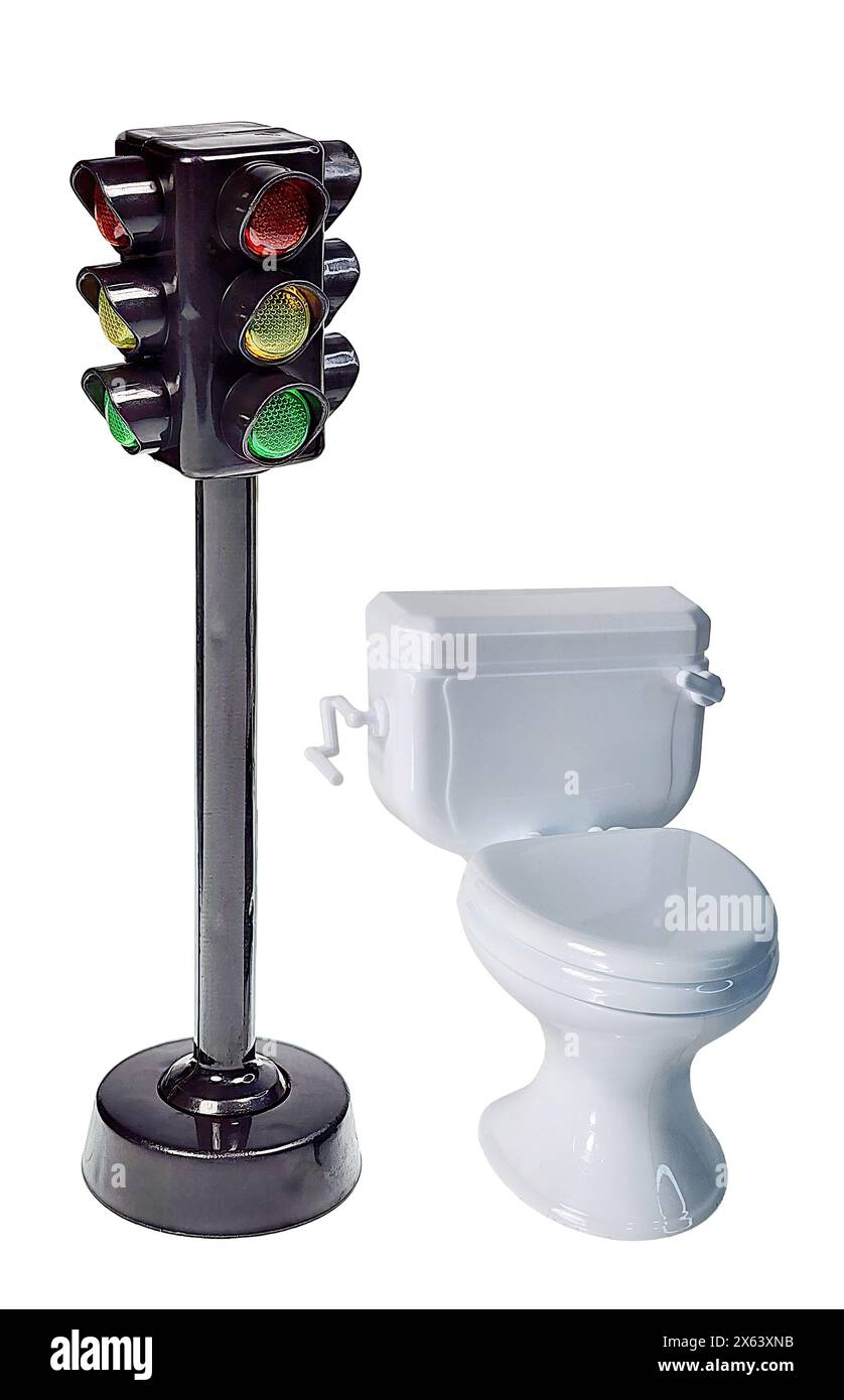 Ampel und schlichte weiße geschlossene Toilette zeigen langanhaltende Magenprobleme Stockfoto