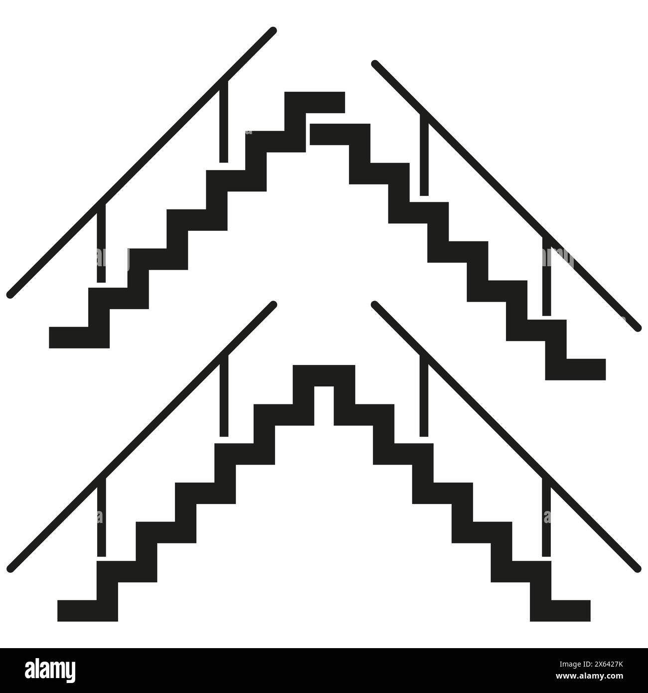 Minimalistischer Treppenvektor. Symmetrische Schritte. Moderne Architektur und perspektivisches Konzept. Schwarzweiß-Grafik. Stock Vektor