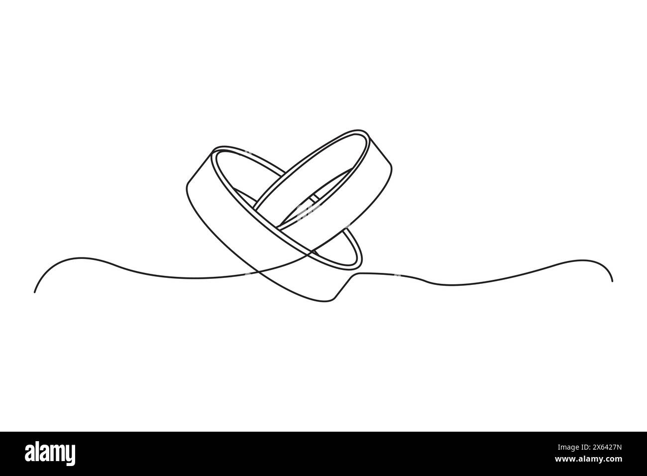 Eine einfache und elegante schwarz-weiße Linienzeichnung aus zwei ineinander greifenden Eheringen, perfekt für moderne Hochzeitsmotive. Stock Vektor