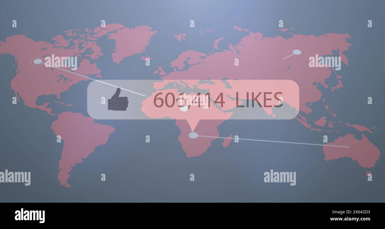 Bild des Symbols Daumen hoch mit zunehmenden Likes im Vergleich zu einem Netzwerk von Verbindungen auf einer Weltkarte Stockfoto