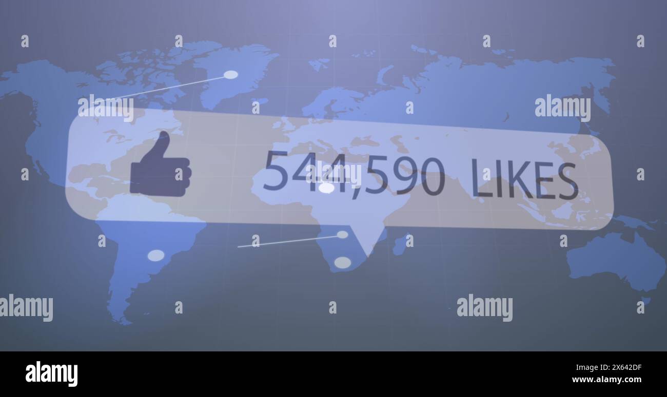 Bild des Symbols Daumen hoch mit zunehmenden Likes im Vergleich zu einem Netzwerk von Verbindungen auf einer Weltkarte Stockfoto