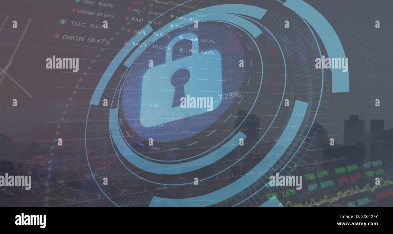 Bild des Vorhängeschlosses in Ladekreisen, Grafiken, Handelstafel über der Luftaufnahme der modernen Stadt Stockfoto