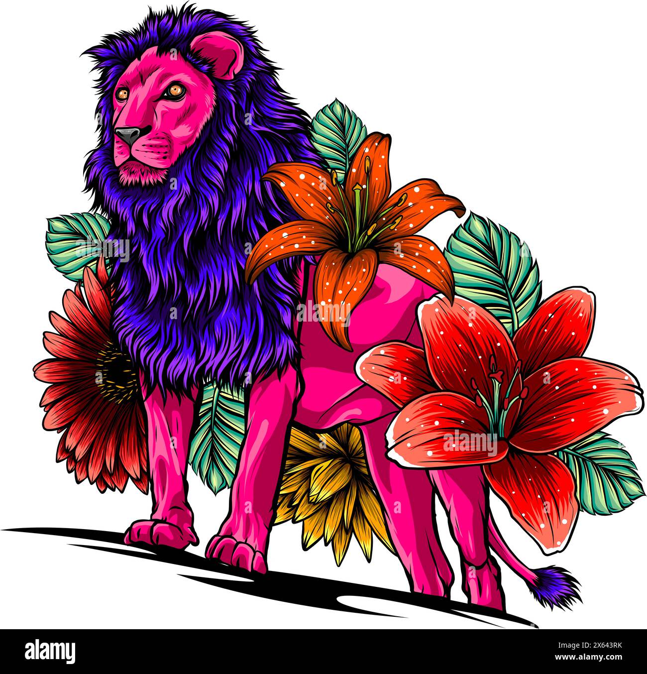 löwe mit Blumen, Vektorgrafiken, Farbdarstellung auf weißem Hintergrund Stock Vektor