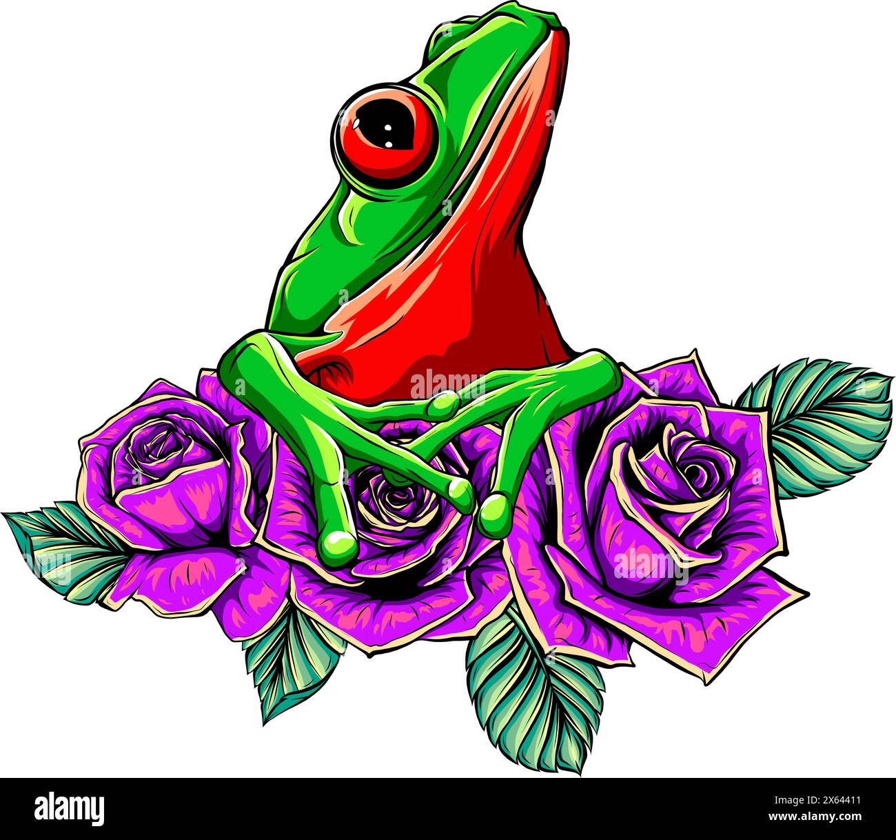 Vektordarstellung von Frosch und Blumen auf weißem Hintergrund Stock Vektor