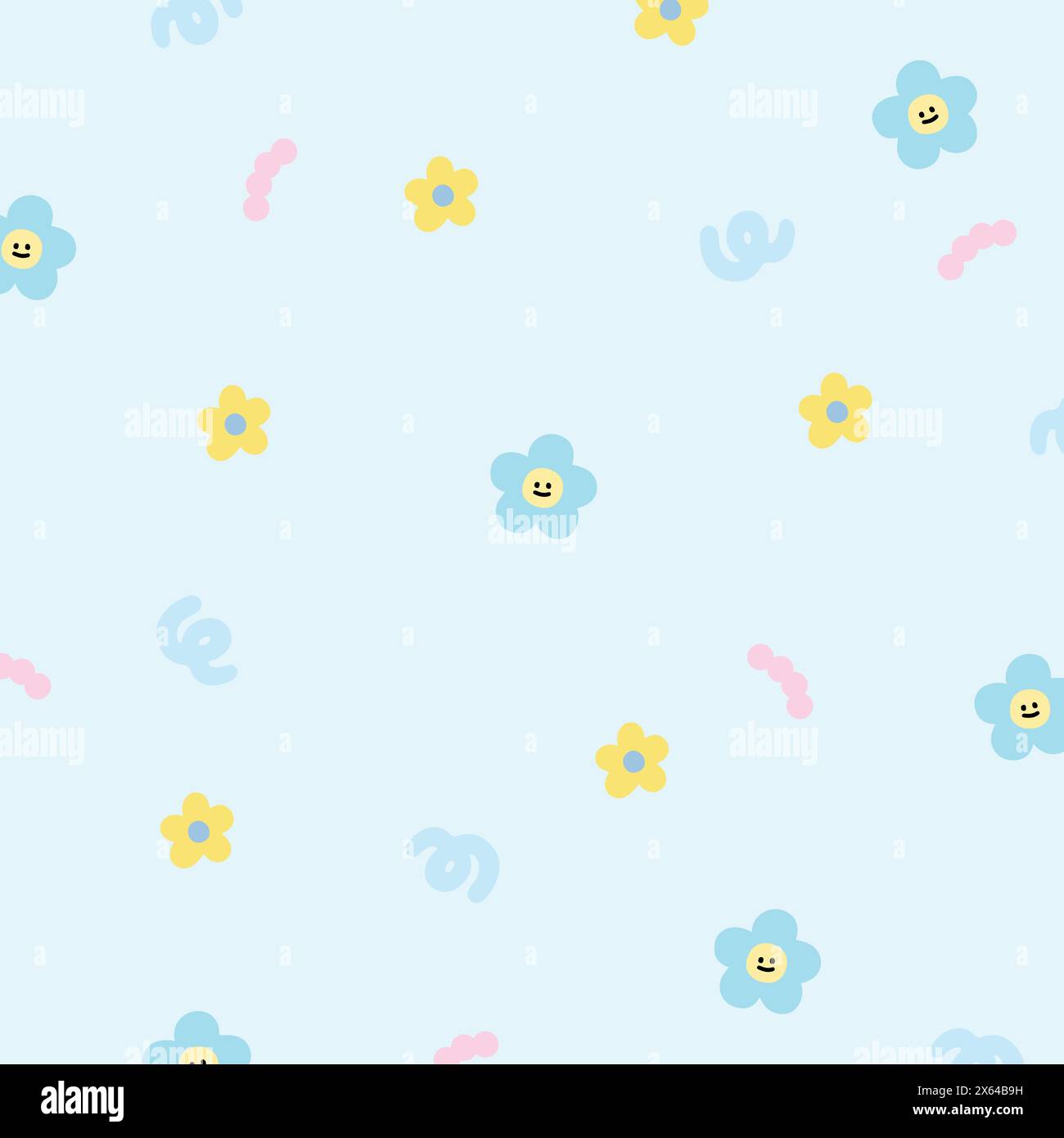 Illustration von Blumen auf einem pastellblauen Hintergrund für Blumendruck, Mädchenmuster, Kinderkleidung, Geschenkverpackung, Verpackung, Stoff, Tapete, Hintergrund Stock Vektor