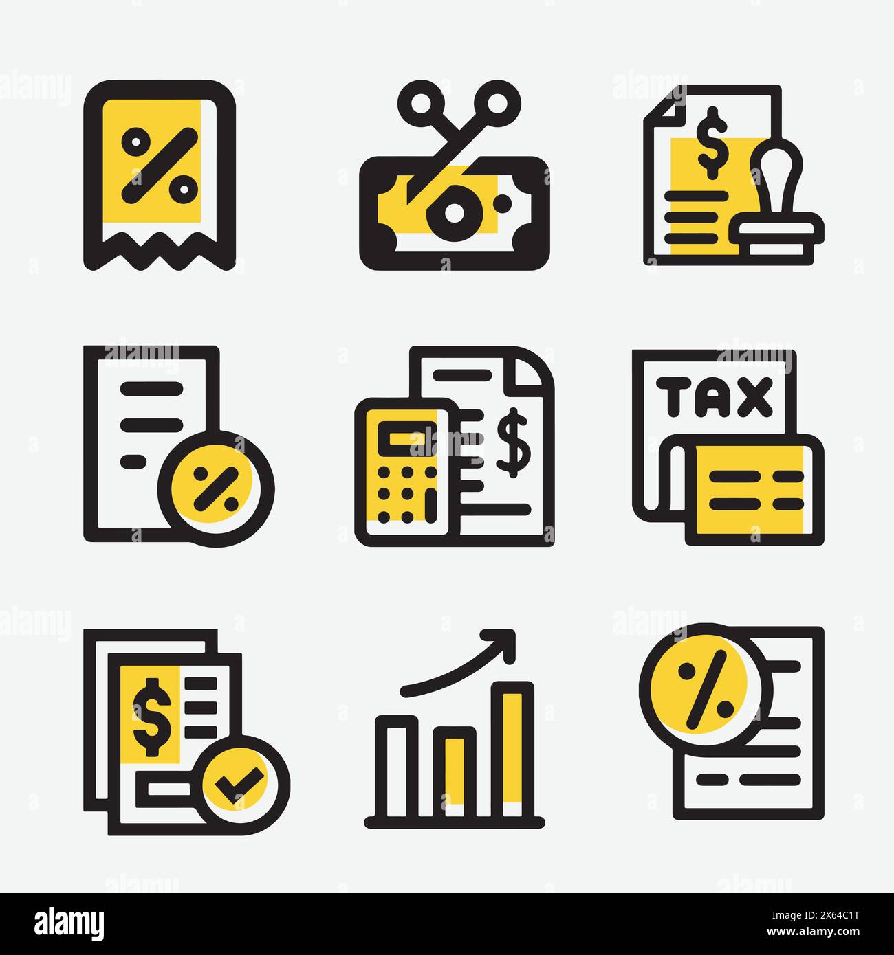 Einfache Symbole für steuerbezogene Vektorlinien in gelber Farbe. Enthält z.B. Geldbericht, Zinssatz, Steuererklärung und mehr. Stock Vektor