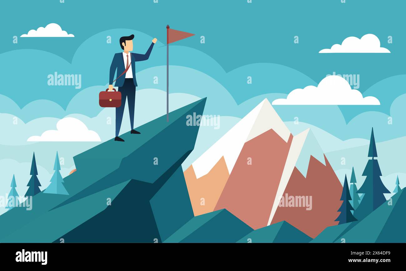 Flacher Vektor Konzept Geschäftsmann, der auf Bergklippe steht und Business Hindernis Konzept Stock Vektor