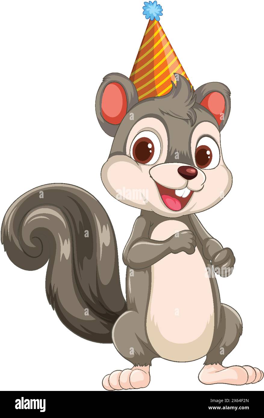 Vektor-Illustration eines glücklichen Eichhörnchens in einem Partyhut Stock Vektor