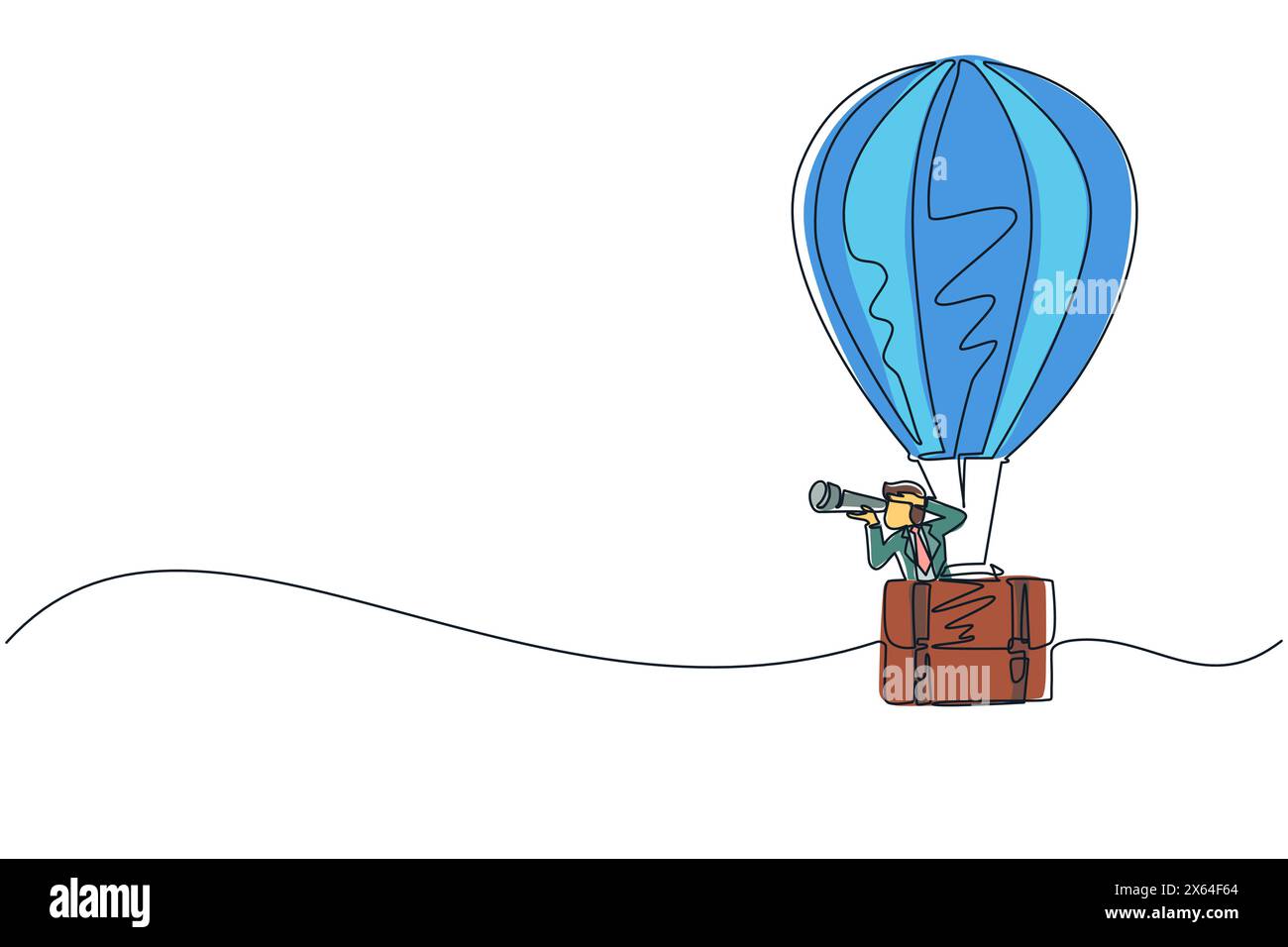 Ein einzelner durchgehender Linienzeichner Geschäftsmann, der durch ein Teleskop in einer Aktentasche mit Heißluftballon blickt. Mann im Koffer Ballon Suche zum Erfolg. Unternehmen Stock Vektor