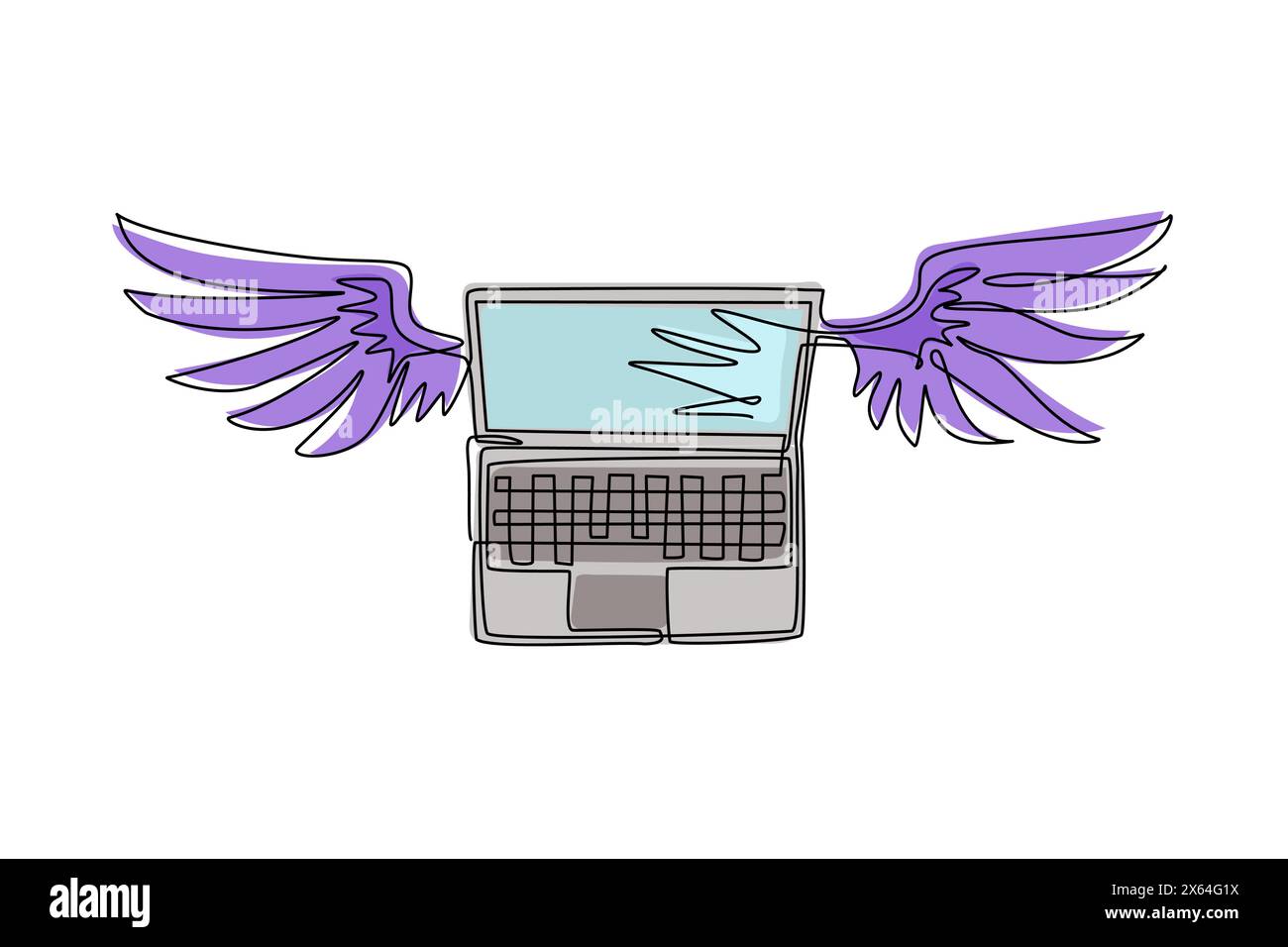 Durchgängiges, einzeiliges Notebook mit Flügeln, die in den Himmel fliegen. Cloud-Computing-Konzept. Laptops mit Flügeln, die in Richtung „Cloud“ fliegen. Einzel Stock Vektor