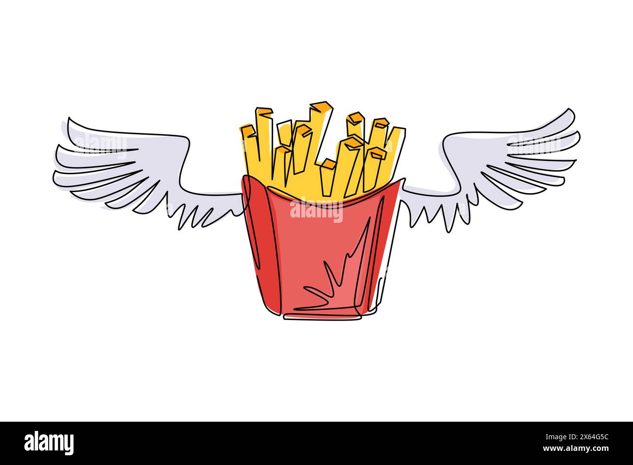 Eine einzige Linie, die Pommes frites in Papierkarton mit Flügeln zeichnet, isoliert. Flaches Logo-Symbol. Pommes Frites Fast Food in roter Verpackung. Modernes Kontinuum Stock Vektor