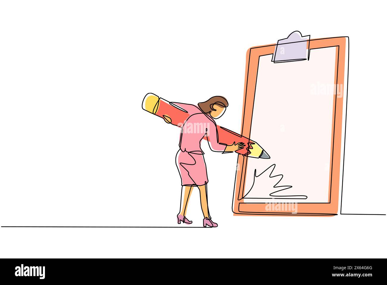 Durchgehende einzeilige Zeichnung Geschäftsfrau-Checkliste mit Bleistift. Geschäftsaufgabe „Personenabschluss“. Planungskonzept für Zielerreichungen. Si Stock Vektor