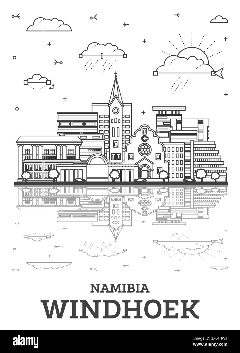 Umreißen Sie die Skyline von Windhoek Namibia mit modernen Gebäuden und Reflektionen, isoliert auf Weiß. Vektordarstellung. Windhoek Stadtbild mit Wahrzeichen. Stock Vektor