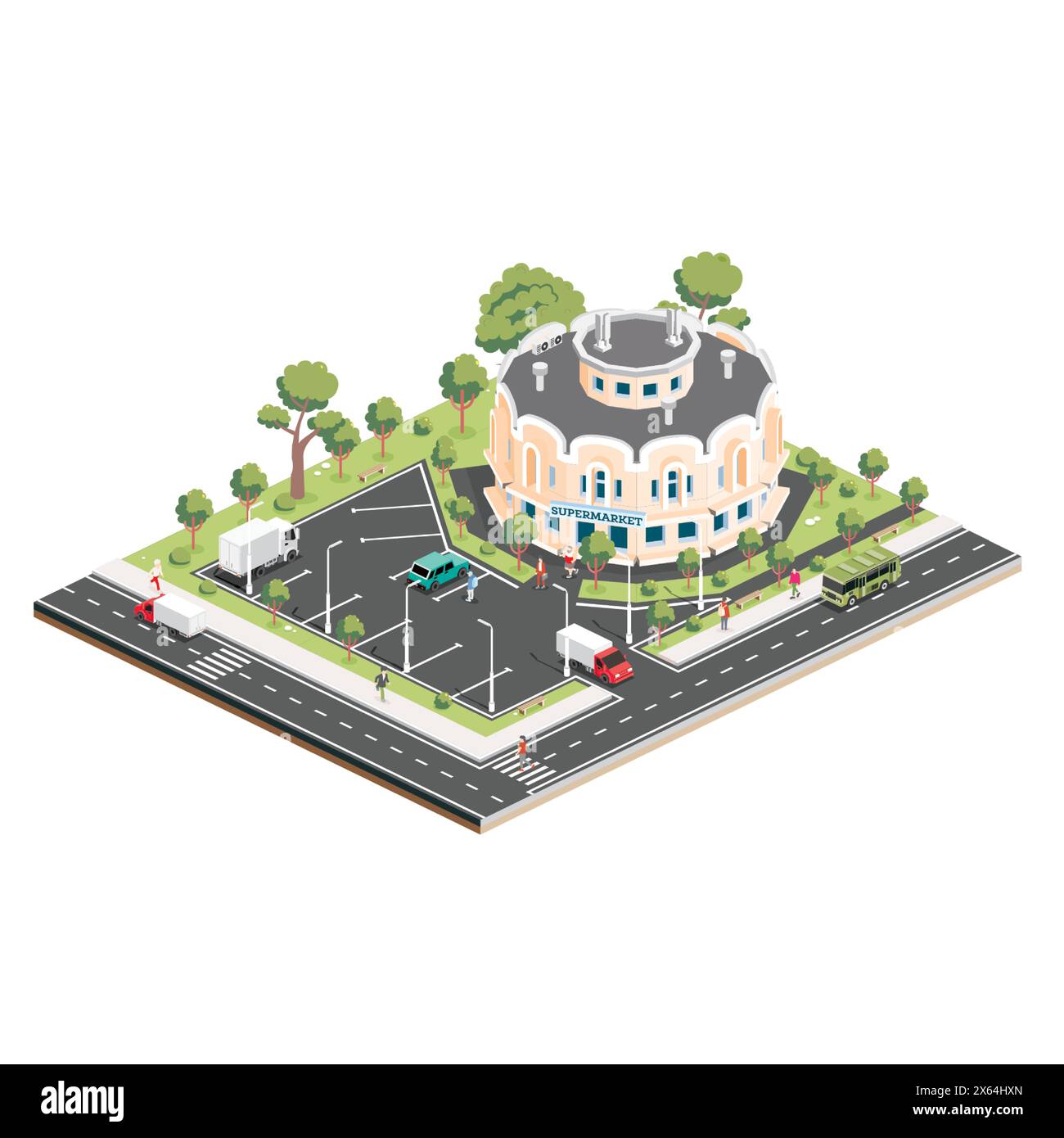 Isometrisches Einkaufszentrum. Infografik-Element. Supermarktgebäude. Vektorabbildung. Menschen, Lastwagen und Bäume mit grünen Blättern isoliert auf weiß Stock Vektor
