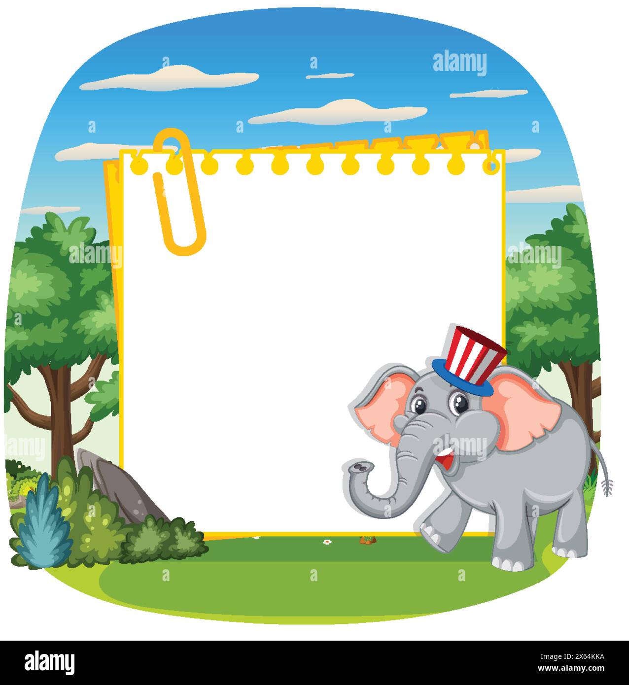 Comic Elefant neben einem leeren Notizblock in der Natur Stock Vektor