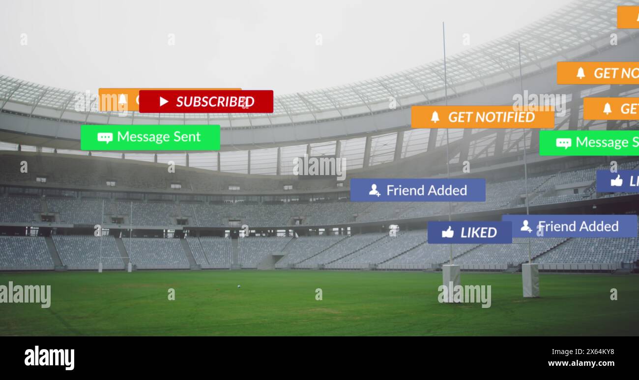 Bild von Social-Media-Ikonen, die gegen ein leeres Rugby-Sportstadion schweben Stockfoto