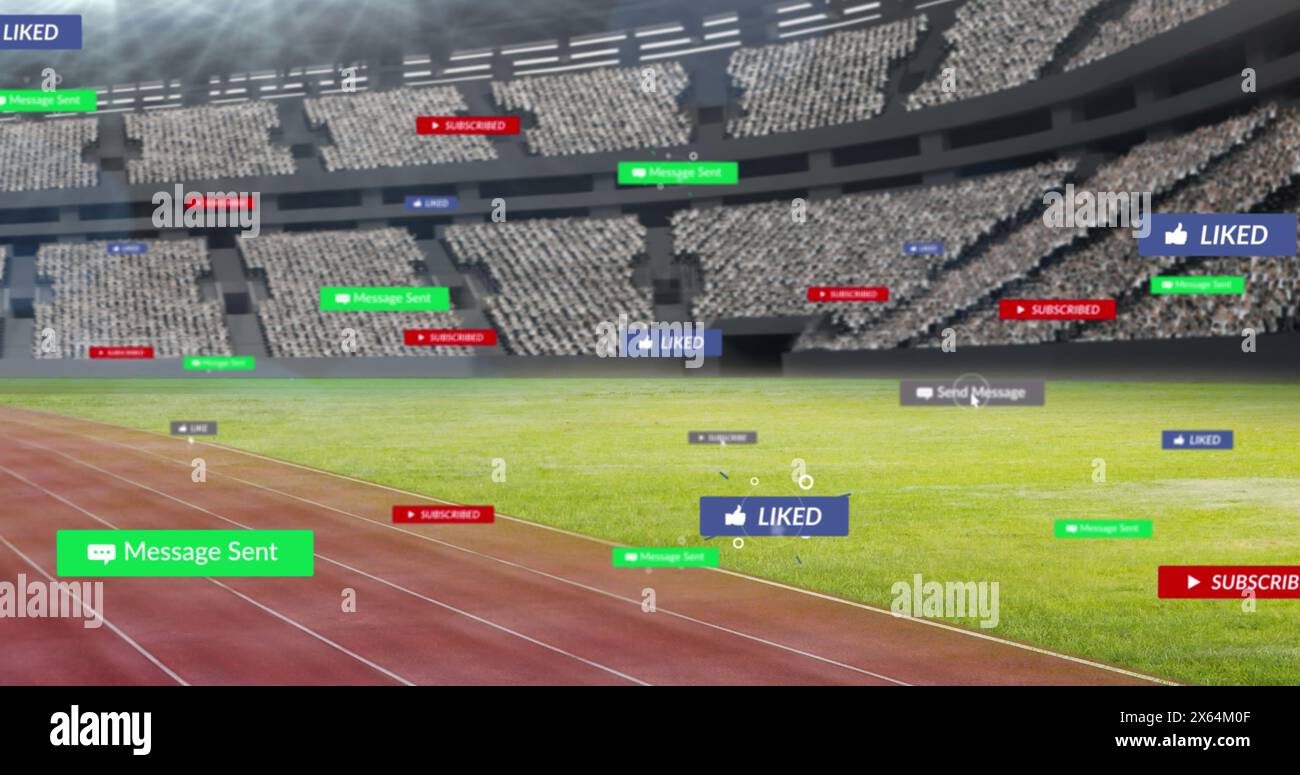 Bild von Social-Media-Ikonen, die gegen leere Sportstadien schweben Stockfoto